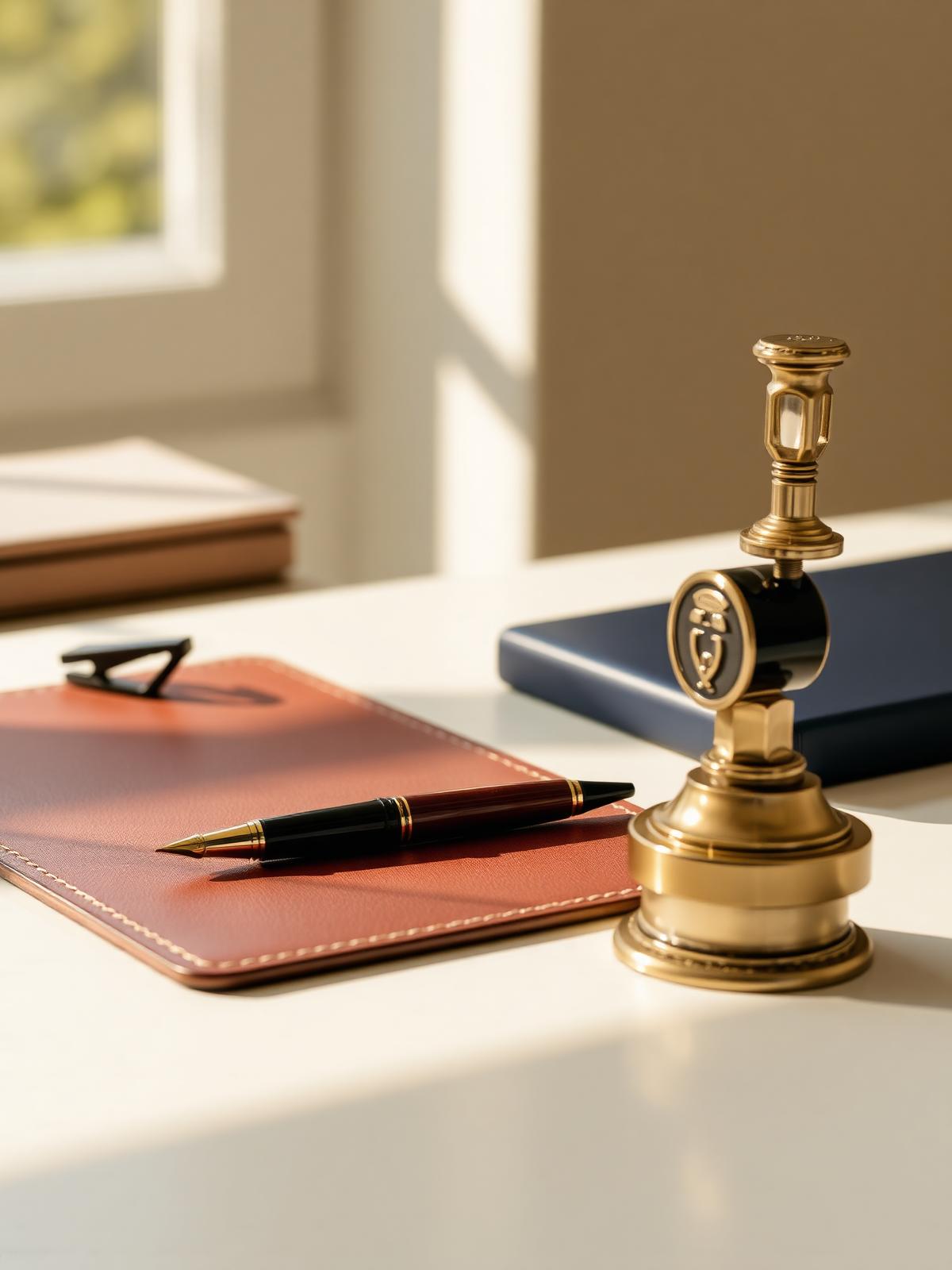 A leather desk pad with a fountain pen and a brass notary seal in warm sunlight